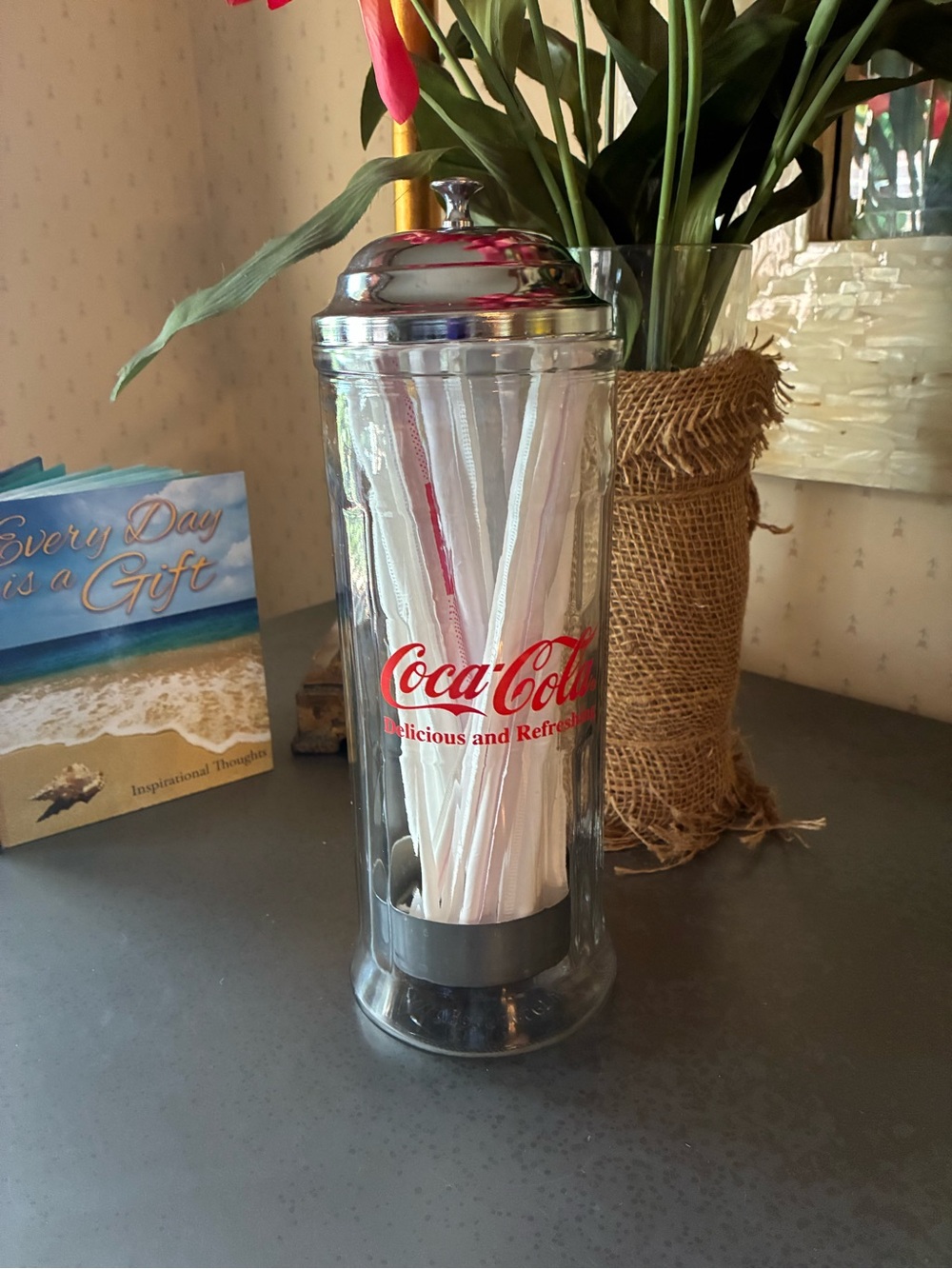 Vintage, COCA-COLA thick heavy clear glass jar with straw dispenser. CHROME lid.